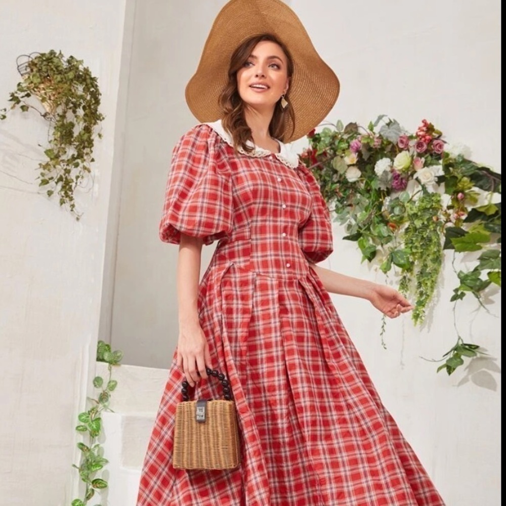 Lace Trim Buttoned Front Tie Back Plaid Dress